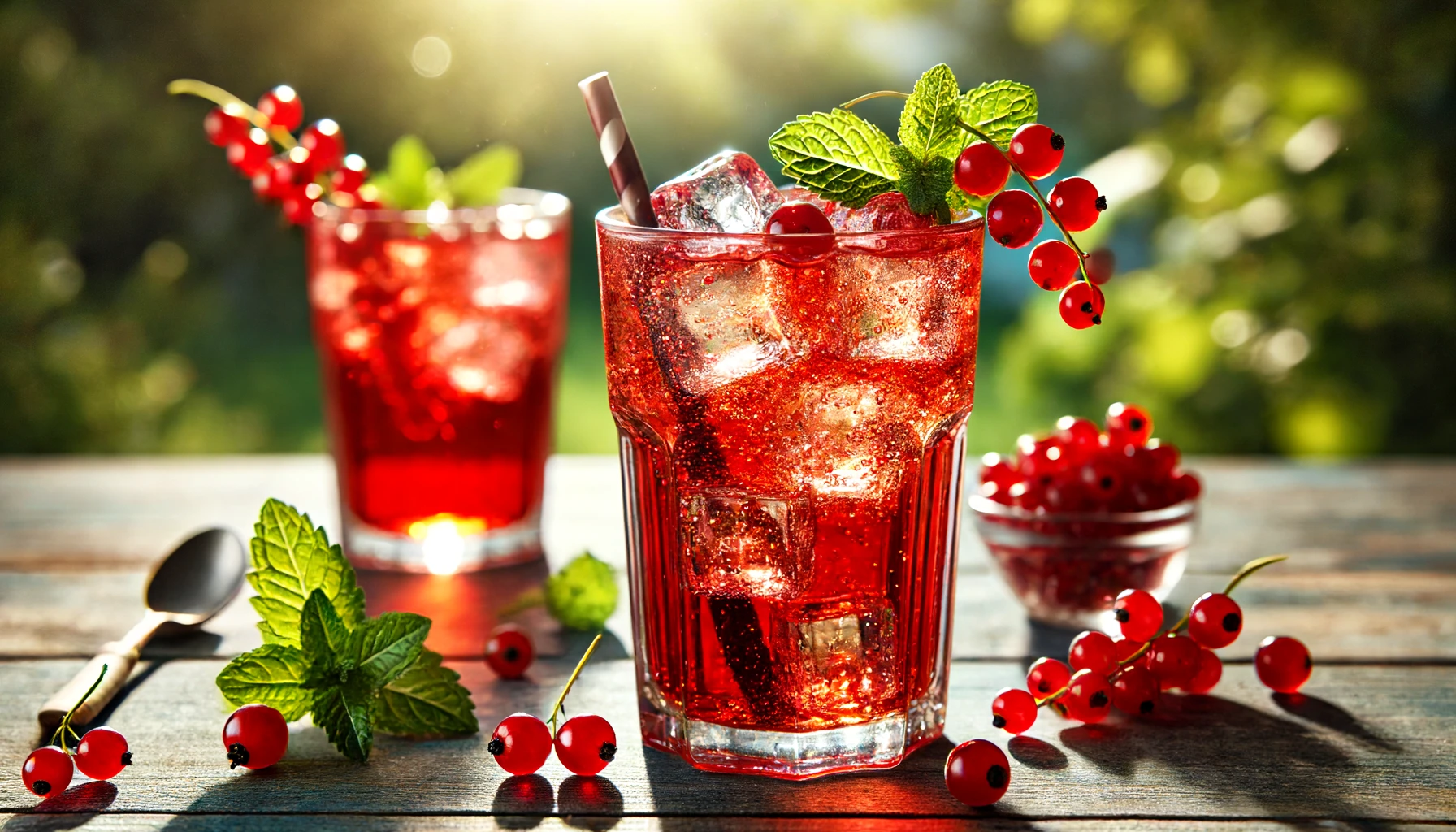 DALL·E 2024 06 13 11.17.14 A refreshing glass of red currant iced tea served in a tall glass with ice cubes garnished with fresh red currants and a sprig of mint. The setting i